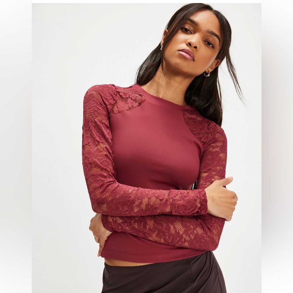 Free People Burgundy Lace Long Sleeve Tee
